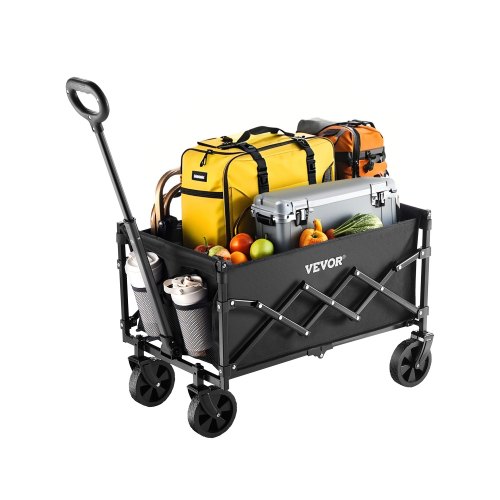 Carrito Plegable para Exteriores, Carro de Transporte Plegable de 660 x 450 x 460 mm con Ruedas Todoterreno, Asa Ajustable Capacidad de Peso de 102,06 kg, para Playa, Jardín, Color Negro