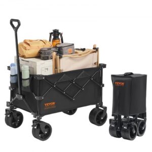 Carro de Jardín Plegable Carro de Transporte de Playa 220 L Carga Máxima 150 kg con Ruedas Soporte para Bebidas, Carro Deportivo Resistente para Camping, Compras, Jardín, Exterior, Negro