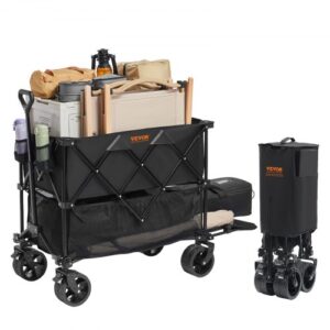 Carro de Jardín Plegable Carro de Transporte de Playa 400 L Carga Máxima 102 kg con Ruedas Soporte para Bebidas, Carro Deportivo Resistente para Camping, Compras, Jardín, Exterior, Negro