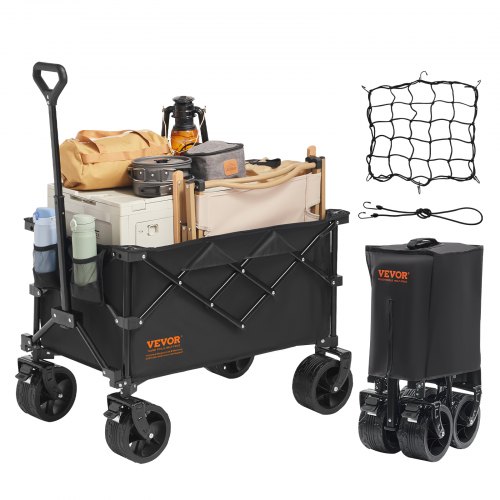 Carro de Jardín Plegable Carro de Transporte de Playa 113 L Carga Máxima 250 libras con Ruedas Soporte para Bebidas, Carro Deportivo Resistente para Camping, Compras, Jardín, Exterior, Negro