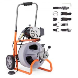 Desatascador de tuberías eléctrico 22,86m x 0,95cm máquina limpiadora de tuberías con ruedas limpiador automático de tuberías accionamiento neumático con pedal para tuberías de 5-10 cm