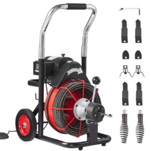 Desbloqueador de Tuberías Eléctrico Máquina de Limpieza de Tuberías 30m x 0,95cm Limpiador de Tubos de Drenaje con Alimentación Automática Accionamiento Neumático para Tuberías de 5-10 cm