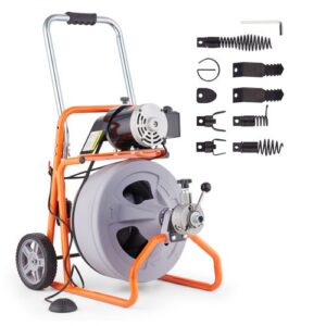 Desbloqueador de Tuberías Eléctrico Máquina de Limpieza de Tuberías 22,8m x 1,27cm Limpiador de Tubos de Drenaje con Alimentación Automática Accionamiento Neumático para Tuberías de 5-10 cm