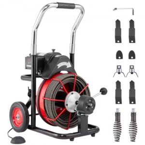 Desbloqueador de Tuberías Eléctrico Máquina de Limpieza de Tuberías 30m x 1,27cm Limpiador de Tubos con Ruedas 550 W 8 Cortadores Accionamiento Neumático para Tuberías de 5-10 cm