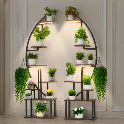 Soporte para Plantas con Luz de Cultivo 7 Niveles Alto de 166,5 cm, Forma de Media Luna 2 Piezas, Estante con Luz para Plantas, 3 Temporizadores y 10 Niveles de Brillo, para Sala de Estar