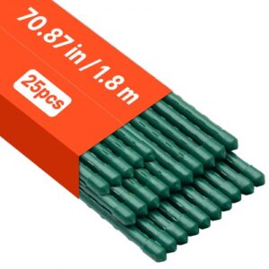 Soportes para Plantas, Ø11 x 1800 mm, Tutores de Metal Recubiertos de Plástico, con Extremo Puntiagudo y Topes Antideslizantes para Cultivo de Plantas Trepadoras y Hortalizas, 25 uds, Verde