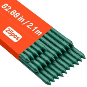 Soportes para plantas, ⌀11x2100 mm, tutores de metal recubiertos de plástico para tomates, con extremo puntiagudo y protuberancias antideslizantes para el cultivo de plantas, 25 uds, Verde