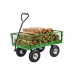 Carrito Resistente de Jardín de Acero de 1840 x 560 x 535 mm con Neumáticos de 10", Laterales de Malla Extraíbles y Manija Giratoria de 180°, Capacidad de Carga de 408,23 kg, Color Verde