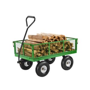 Carrito Resistente de Jardín de Acero de 1840 x 560 x 535 mm con Neumáticos de 10", Laterales de Malla Extraíbles y Manija Giratoria de 180°, Capacidad de Carga de 408,23 kg, Color Verde