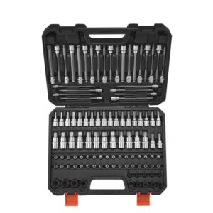 VEVOR 107 PCS Juego de Vasos con Punta, SAE y Métricos, Hexagonales/Torx/Torx Externo/a Prueba de Manipulaciones/Extralargos, Acero de Aleación S2 y Acero Cr-V, con Impulsores de 1/4", 3/8" y 1/2"