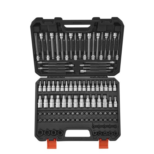 VEVOR 107 PCS Juego de Vasos con Punta, SAE y Métricos, Hexagonales/Torx/Torx Externo/a Prueba de Manipulaciones/Extralargos, Acero de Aleación S2 y Acero Cr-V, con Impulsores de 1/4", 3/8" y 1/2"