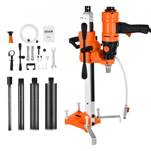 VEVOR Perforadora de Diamante, 2 en 1 Equipo de Perforación 1000/2250 RPM de 2 Velocidades en Seco y Húmedo con soporte, 4 Brocas Diámetro de Perforación de 200 mm para Hormigón, Ladrillo, Piedra