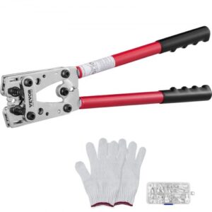 Alicates para Prensar 6/10/16/25/35/50 mm² Herramienta para Prensar Clavijas de Cable Aluminio Cobre AWG101/0 con 6 Tamaños de Prensado 60 Conectores Anillo de Aluminio Guantes de Electricista