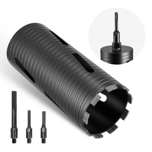 VEVOR Broca de Corona para Perforación en Seco, 102 mm Diámetro, 241 mm Profundidad, Rosca Interna M16, con 3 Adaptadores, Broca Piloto, Llave Hexagonal a Hormigón Armado, Ladrillo y Mampostería