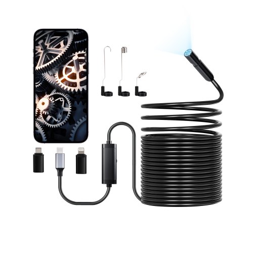 VEVOR Cámara Endoscópica con Cable Semirrígido de 15 m, Boroscopio HD 1920P para Android e iOS, con Luz, 8 LED, Zoom 2X, Impermeable IP67, para Automóviles y Plomería, 15000 x 24 x 12 mm, Negro