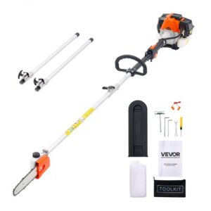 VEVOR Motosierra de Pértiga a Gasolina, Motosierra Inalámbrica de 33 cc y 2 Tiempos con Barra de Corte de 20,3 cm, Tanque de Combustible de 850 ml y Extensible de 2,04-3,54 m para Podar Árboles