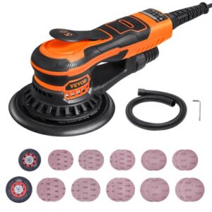 VEVOR Lijadora Orbital Aleatoria sin Escobillas de 350 W, 6 Velocidades, 10 000 PRM, 20 Papeles de Lija, Conector para Polvo y Manguera para Lijado de Detalles de Carpintería, 255 x 150 x 110 mm