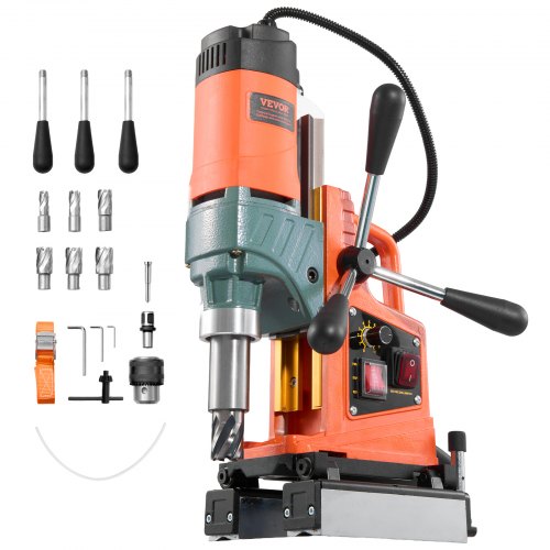 VEVOR Taladro Magnético de 1400 W, Diámetro de Perforación de 50 mm, Dirección Reversible, Velocidad de 0 a 850 RPM, Taladro Magnético con 6 Brocas para Bricolaje Industrial y Doméstico, Naranja