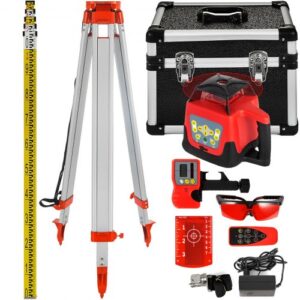 VEVOR Nivel de Láser Rojo Rotatorio Auto-Nivelante 250m, Kit de Trípode y Bastón para Niveles Automáticos 5 m, Trípode de Nivel Plegable para Herramientas Automáticas de Medida y Láseres, ± 5°