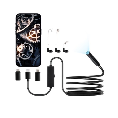 VEVOR Cámara Endoscópica, Boroscopio HD 1920P para Android e iOS, con 8 Luces LED, Cable Semirrígido de 3 m, Zoom 2X, Impermeable IP67, para Automóviles y Plomería, 3000 x 18 x 10 mm, 3 en 1