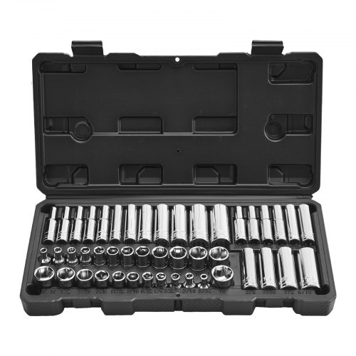 VEVOR Juego de Vasos de 6,4 mm, SAE y Métricos, Profundos y Estándar, para Mecánicos con Estuche, Acero de Aleación CR-V Cromado, para Reparación de Automóviles, 46 Piezas, 283 x 144 x 45 mm