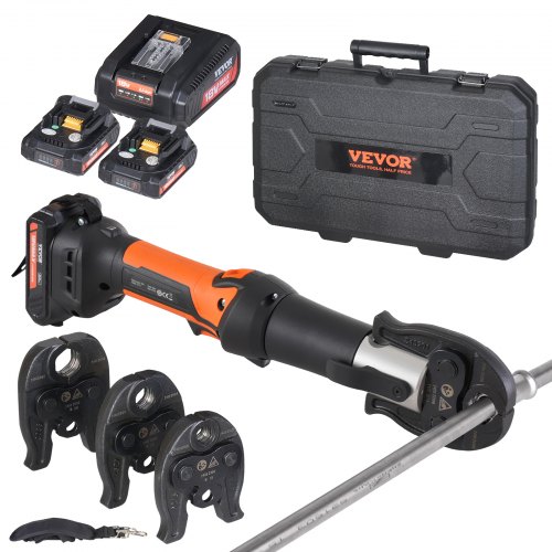 VEVOR Kit de Herramientas para Engarzar Tuberías Eléctricas con 2 Baterías de 18 V 2,0 Ah, Engarzadora Profesional con Mandíbulas M15, M22, M28, Cargador Rápido y Estuche de Transporte