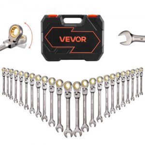 VEVOR Juego de Llaves de Trinquete 24 Unidades, Llaves Combinadas con Carraca, Cabezas Flexibles, Métrica y SAE, con Estuche de Almacenamiento, para Reparación de Automóvil Bricolaje Hogar, Niquelado