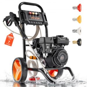 VEVOR Hidrolimpiadora de Alta Presión 2900 PSI 7 L/min Lavadora de Gasolina de Alta Presión con Bomba de Aluminio, Manguera de 7,9 m, 4 Boquillas, Ruedas para Coches Azulejos Entradas Ventanas Paredes