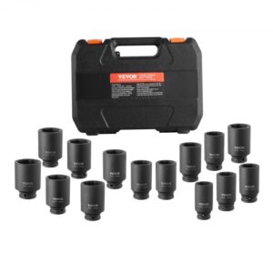 VEVOR 14 PCS Kit de Dados de Impacto de Tuercas de Eje con Estuche de Almacenamiento Kit de Dados para Tuercas de Eje Métricos de 6+12 Puntas con Impulsión de 12,7 mm para Reparación de Automóviles