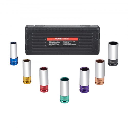 VEVOR Juego de Dados de Impacto para Tuercas de Rueda Kit de Dados Profundos Métricos de 6 Puntas con Impulsión de 12,7 mm, 7 Tamaños de Tuercas 17/19/21/22/23/24/27 mm con Estuche de Almacenamiento