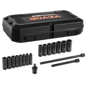 VEVOR Juego de Vasos de Impacto 9,5 mm Juego de Dados Profundos 18 Piezas Métricos de 29-38 mm 6 Puntas de Acero de Aleación con Estuche de Transporte para Reparación de Automóviles, Color Negro