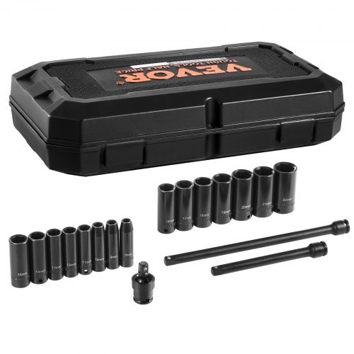 VEVOR Juego de Vasos de Impacto 9,5 mm Juego de Dados Profundos 18 Piezas Métricos de 29-38 mm 6 Puntas de Acero de Aleación con Estuche de Transporte para Reparación de Automóviles, Color Negro