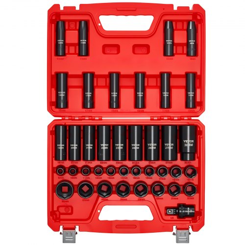 VEVOR Juego de Vasos de Impacto de 39 Piezas con Entrada de 12,7 mm, Profunda y Superficial, Métricos de 9 a 30 mm, Acero al Cromo-Vanadio, Doble Marcaje de Tamaño, para Mantenimiento Automotriz