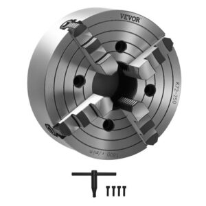 VEVOR Mandril de Torno de 4 Mordazas 25cm Autocentrante Rango de Sujeción de 15-250 mm con Tornillos de Fijación con Llave en T, Mordazas Reversibles, Interior/Exterior para Torno de Madera y Metal