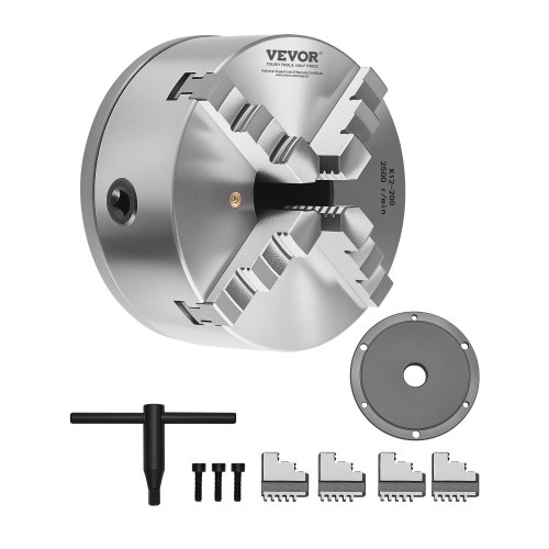 VEVOR Mandril de Torno de 4 Mordazas Diámetro Exterior de 200 mm, Autocentrante con Placa de Soporte Roscada, Rango de Sujeción de 4-200 mm con Tornillos de Llave en T para Torno de Madera y Metal