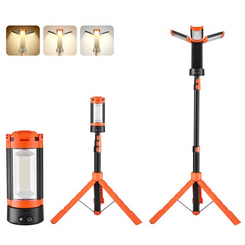 VEVOR Luz de Trabajo LED con Trípode 13,2 Ah, Foco Recargable de Trabajo con 3 Cabezales, Recargable, Inalámbrica, 2200 Lúmenes, 3000 K-6500 K, Iluminación Portátil para Obras de Construcción