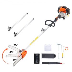 VEVOR Motosierra de Pértiga a Gasolina, Motosierra Inalámbrica de 43 cc y 2 Tiempos con Barra de Corte de 25,4 cm, Cabezal Giratorio, y Extensible de 2,11 a 3,61 m para Podar Árboles, Naranja