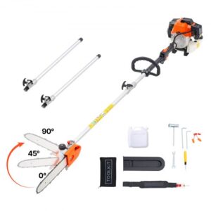 VEVOR Motosierra de Pértiga a Gasolina, Motosierra Inalámbrica de 43 cc y 2 Tiempos con Barra de Corte de 25,4 cm, Cabezal Giratorio, y Extensible de 2,16 a 3,66 m para Podar Árboles, Naranja