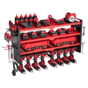 VEVOR Organizador de Herramientas Eléctricas de Pared, Estante de Almacenamiento de 4 Capas con 8 Portabrocas, con Tableros Perforados Laterales, para Garaje, Banco y Taller, Rojo Brillante Mate