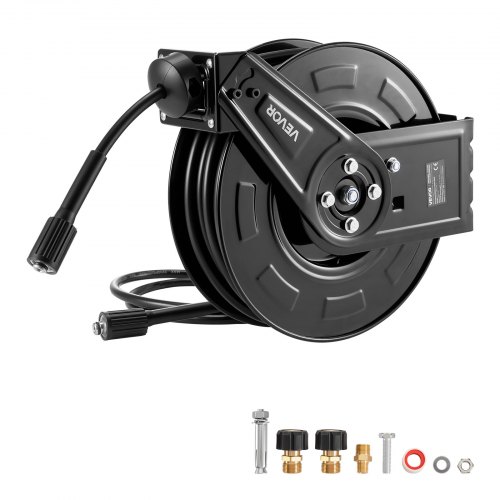 VEVOR Carrete de Manguera para Hidrolavadora 18,3 m x 6,4 mm, Retráctil de Acero, para Pared y Suelo, Presión de 275,8 bar, Rebobinado Automático para Lavado de Coches, Suelos y Jardines, Negro