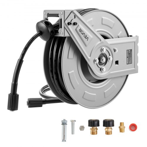 VEVOR Carrete de Manguera para Hidrolavadora 19,8 m x 6,4 mm, Retráctil de Acero, para Pared y Suelo, Presión de 220,6 bar, Rebobinado Automático para Lavado de Coches, Suelos y Jardines, Negro