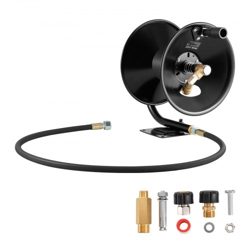 VEVOR Carrete de Manguera para Hidrolavadora, de Acero, con Soporte para Pared y Suelo, Presión Máxima de 275,8 bar, con Manivela Manual para Lavado de Coches, Suelo y Jardín, 15,2 m x 9,5 mm