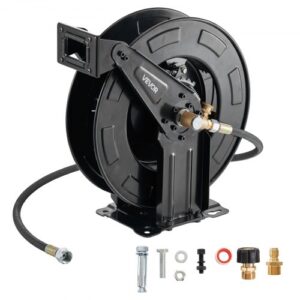 VEVOR Carrete de Manguera para Hidrolavadora 15,2 m x 9,5 mm, Retráctil de Acero, para Pared y Suelo, 275,8 bar de Presión, Rebobinado Automático para Lavado de Coches, Suelos y Jardines, Negro