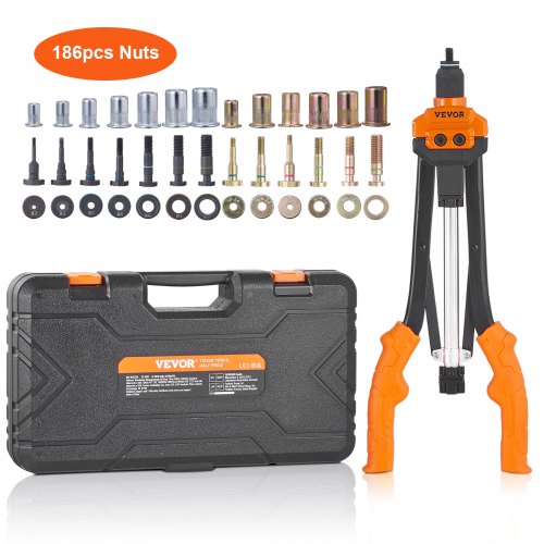 VEVOR Remachadora Manual de Tuercas de Remache Alicates de Inserción Roscada de 41 cm con 13 Mandriles 186 Tuercas en 13 Tamaños Herramienta Remachadora Semiautomática con Estuche para Bricolaje