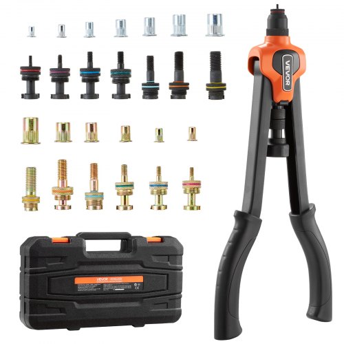 VEVOR Remachadora Manual de 42 cm, Kit Completo para Instalación y Reparación en Casa, con 13 Mandriles Métricos y SAE, 130 Tuercas y Estuche de Transporte, 420 x 160 x 45 mm, Naranja y Negro