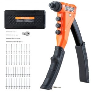 VEVOR Juego de Remachadoras con 200 Remaches Ciegos, 4 Boquillas Intercambiables, 4 Brocas y Estuche, Manual para Bricolaje de Metal, de Una Sola Mano, 230 x 195 x 33 mm, Color Naranja y Negro
