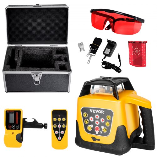 VEVOR Kit de Nivel Láser Giratorio de Haz Rojo, Alcance de 300 m, Inclinación Ajustable, Rotación de 360 ​​Grados, Estuche de Transporte, Resistencia al Agua IP54, Receptor de Control Remoto
