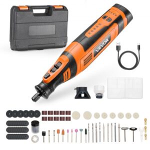 VEVOR Kit de Herramientas Rotativas Inalámbricas, 136 Piezas, Portátil, 8 V CC, 5 Velocidades de 5000-30 000 RPM, para Grabar, Lijar, Pulir, Tallar, Amolar, Cortar y Bricolaje, 225 x 50 x 50 mm