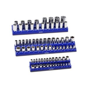 VEVOR Kit de Organizador de Dados Magnéticos, Juego de 3 de Bandejas de Dados Métricos 1/4'', 3/8'', 1/2'', Etiquetas Transparentes, Capacidad de 75 Dados Estándar y Profundos (No Incluidos), Azul