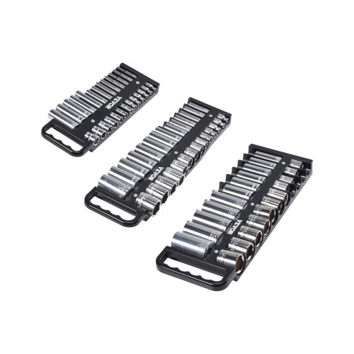 VEVOR Kit de Organizador de Dados Portátil, 3 PCS de Bandejas de Enchufes Métricos SAE de 1/4'', 3/8'', 1/2'', Capacidad de 76 Enchufes con Mango y Base Magnética para Cajón de Caja de Herramientas
